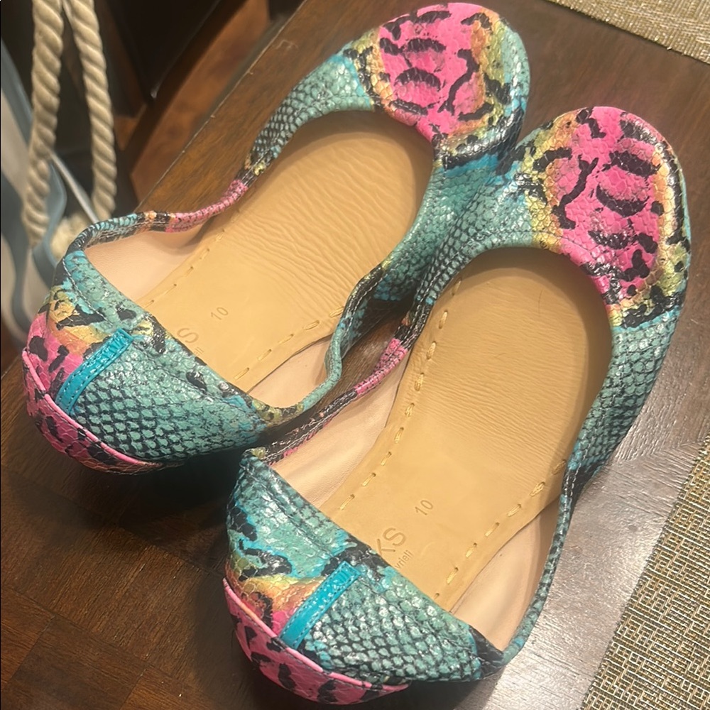 Tieks Pink and Blue Flats with Floral Accents